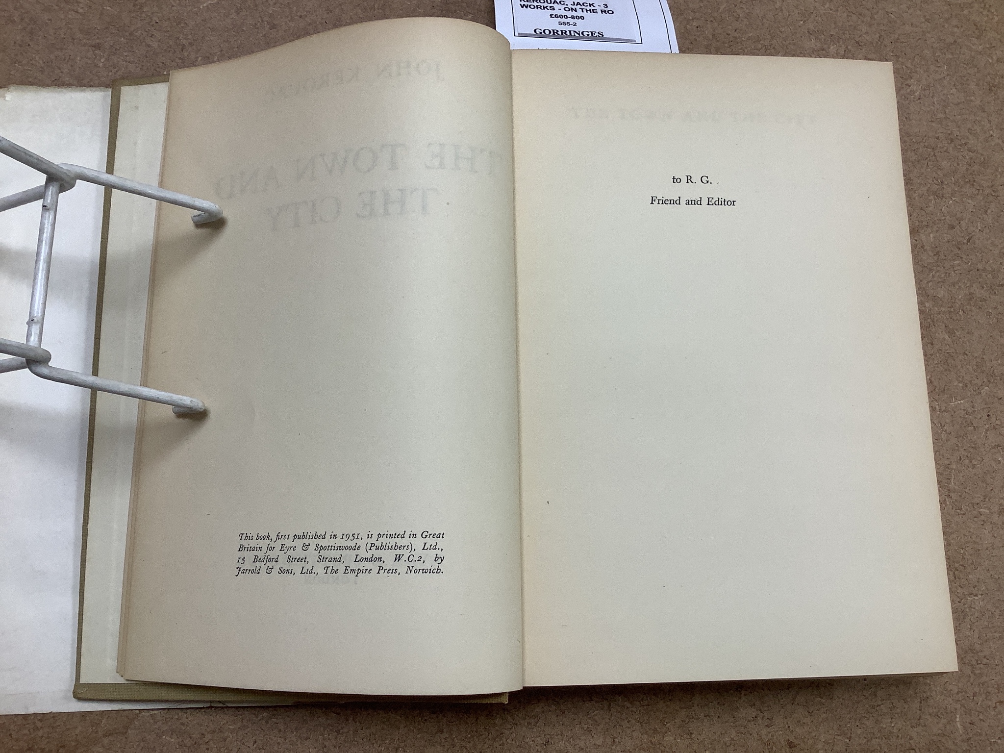Kerouac, Jack - 3 works - On The Road, 1st English edition, original cloth with unclipped d/j, London, 1958; The Town and the City, 1st UK edition, original cloth with unclipped d/j , ragged and with loss to head of spin